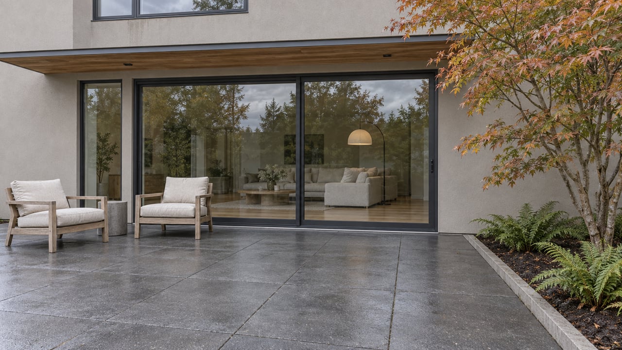 A contemporary home's rear terrace with teak lounge chairs, closed glass doors, damp gray paving and an autumn vine maple.