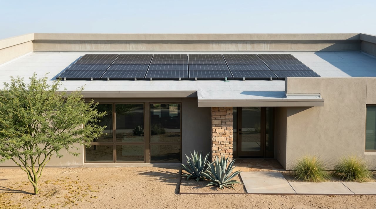 Solar panels cover a flat-roofed desert home above a flagstone entry, with agaves and a palo verde tree.