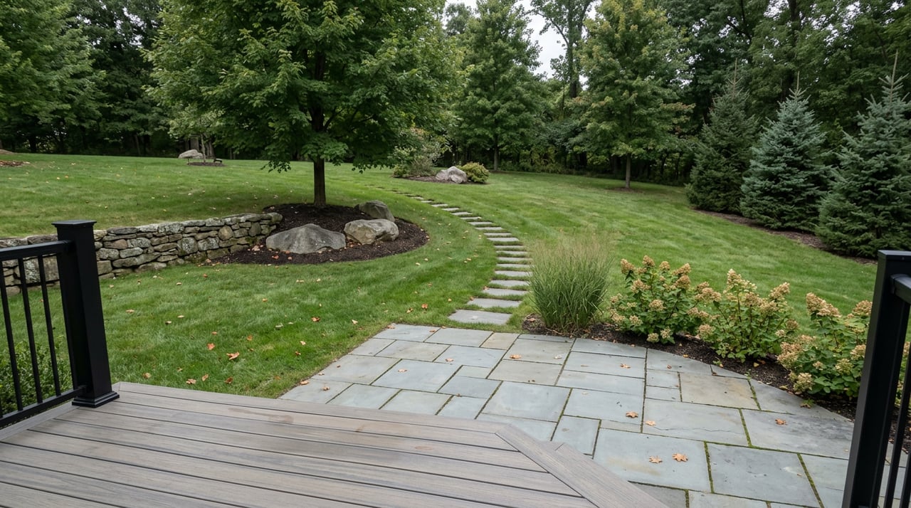 Raised view of a landscaped backyard with a curved stone path, sloping lawn, boulders, and mature trees.