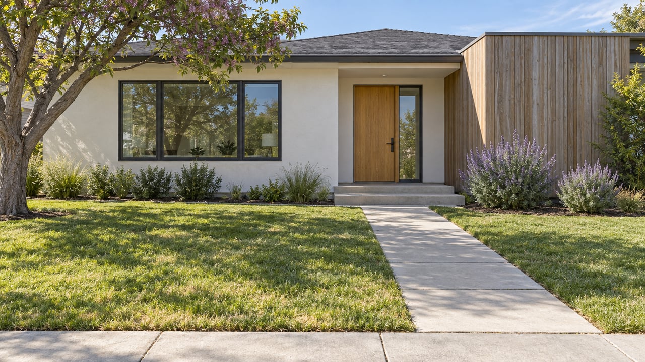 Renovated single-story home with white stucco, cedar cladding, a deep front lawn, and a concrete entry walk.