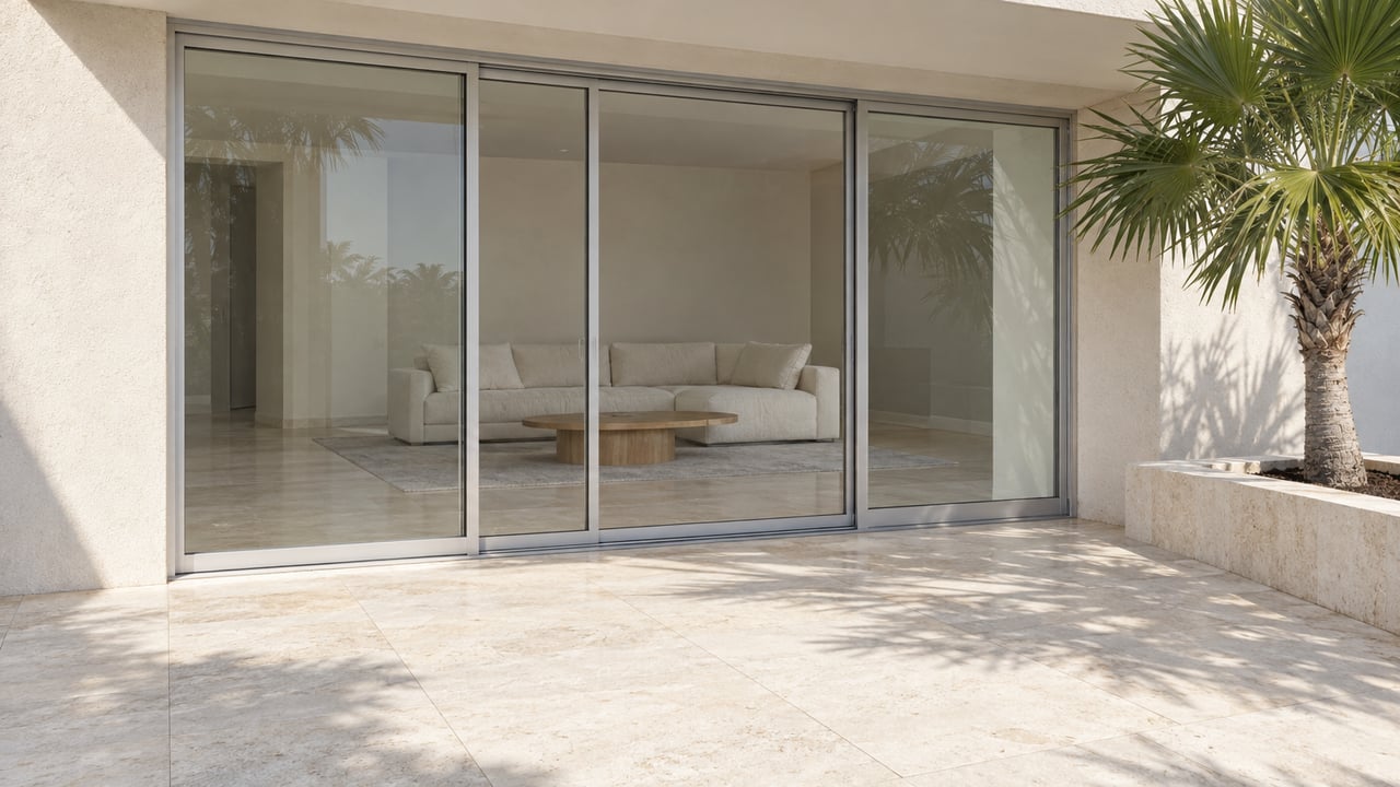Pale limestone terrace beside full-height glass doors, with a single fan palm and a cream sofa visible inside.