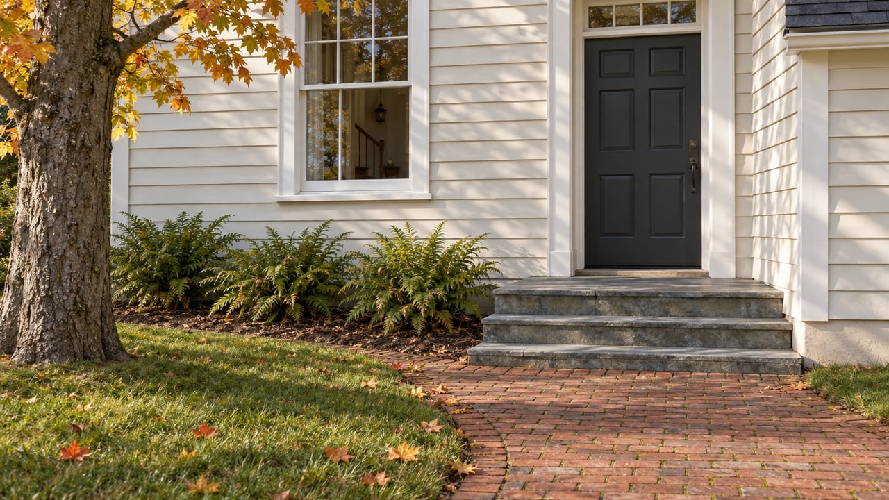 Cream clapboard home entry with worn bluestone steps, a red brick approach and scattered autumn maple leaves.