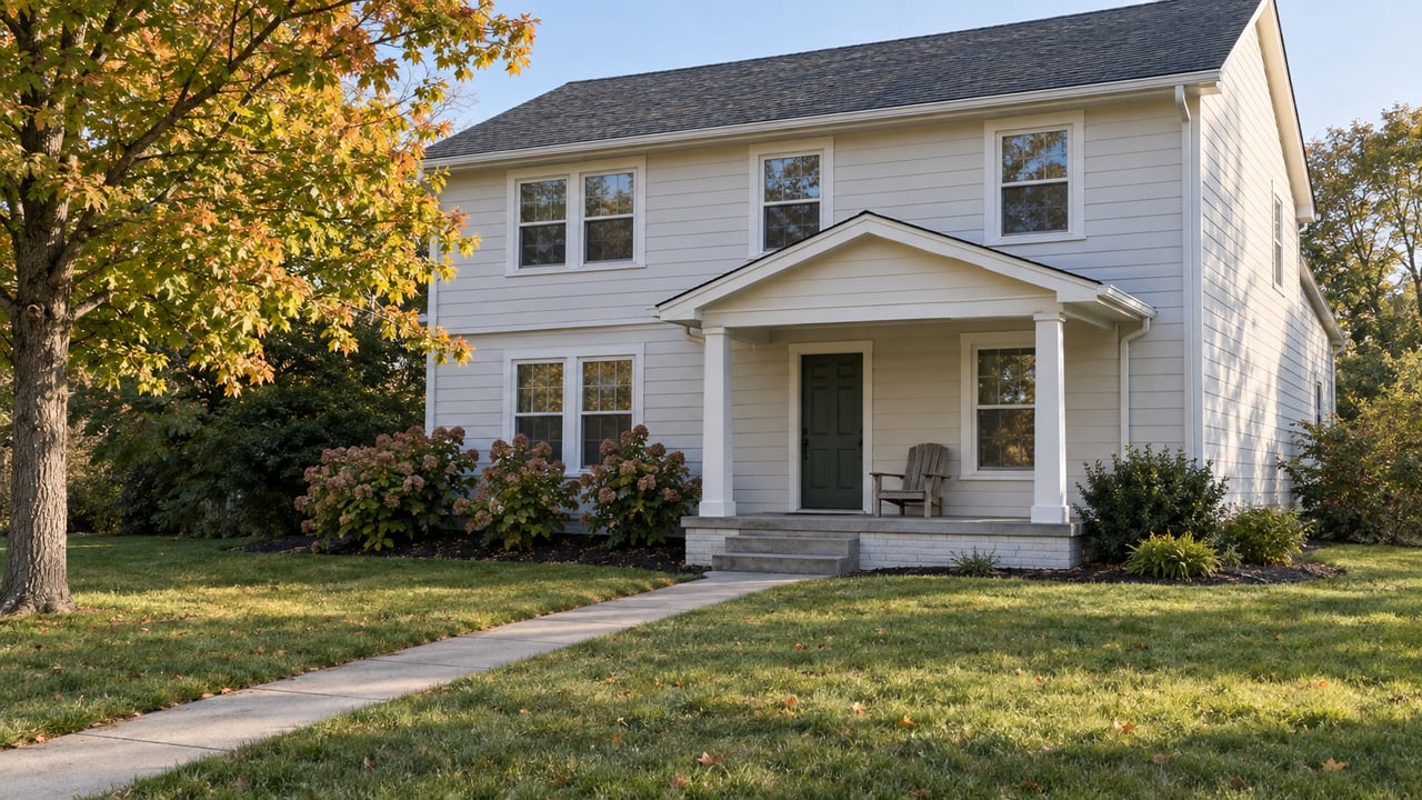 Light-sided gabled home with a covered front porch, a deep lawn, and an amber-tipped sugar maple.