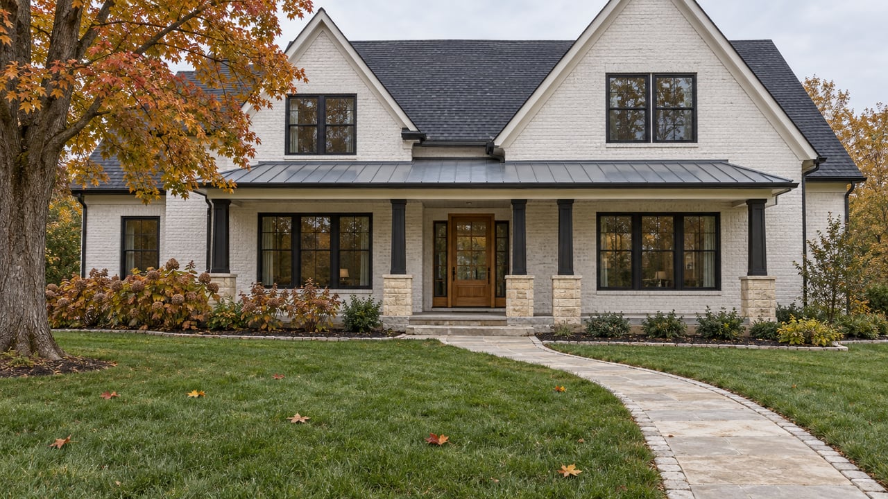 White-brick gabled home across a deep autumn lawn, with black-framed windows, a covered porch and a limestone entry walk.