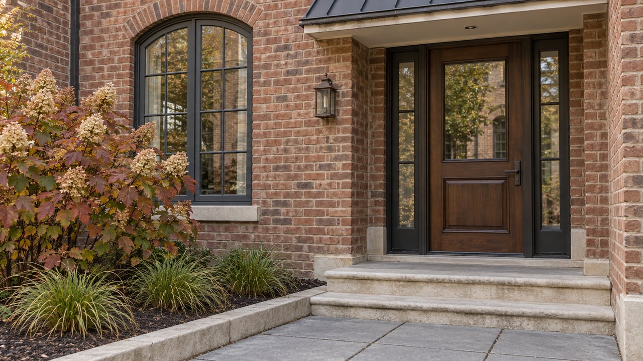Brick home entrance with a walnut-toned door, arched window, worn limestone steps and autumn oakleaf hydrangea.