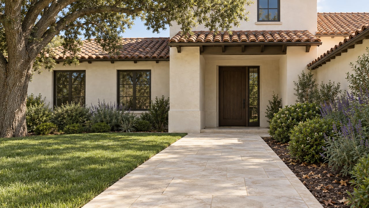 Cream stucco home with a clay tile roof, bronze-framed windows and a limestone entry walk bordered by lawn and flowering sage.