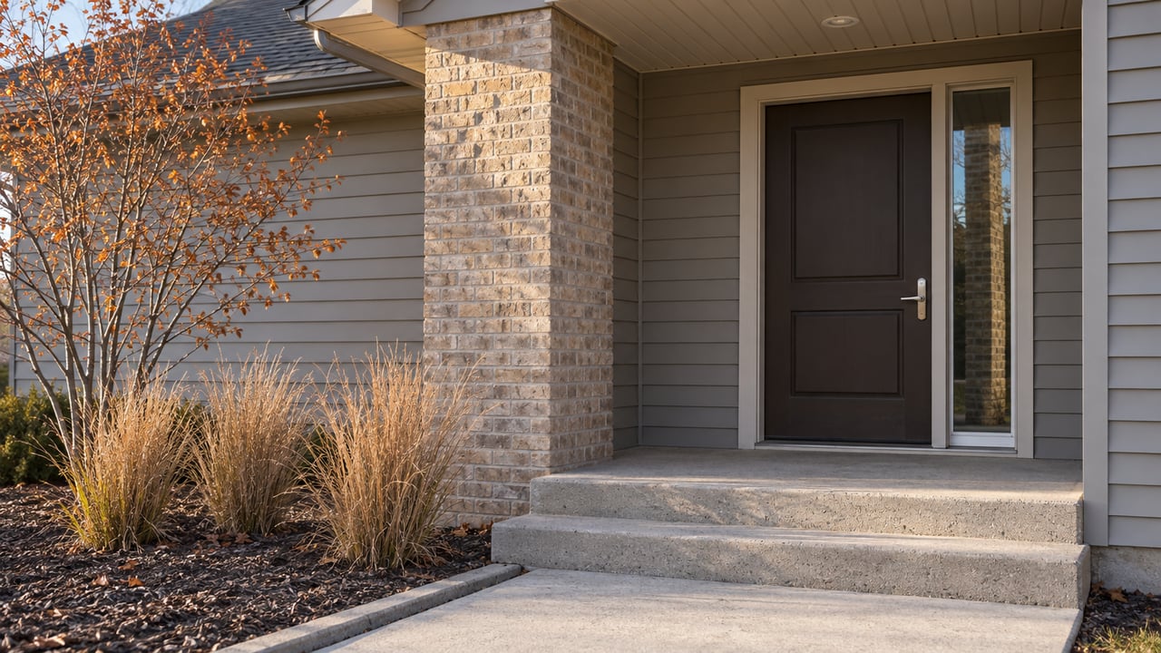 Afternoon light on a recessed front entry with gray siding, buff brick, concrete steps and tawny autumn planting.