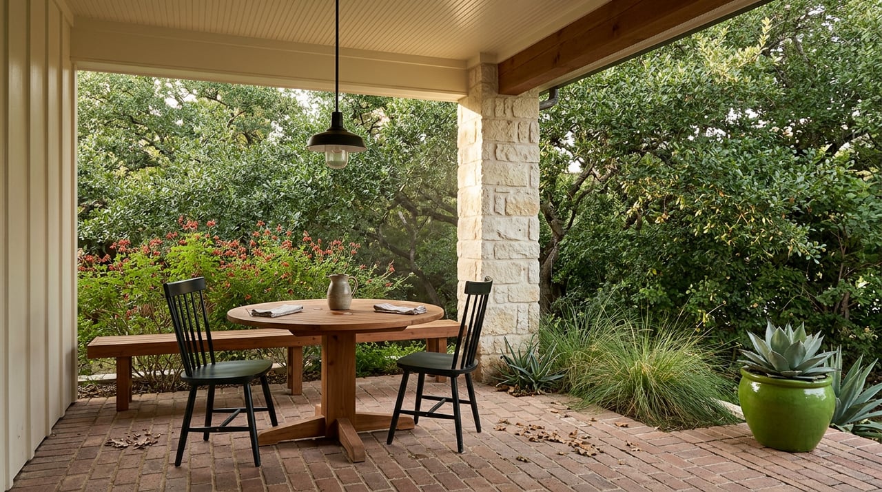 Cedar dining table and black spindle-back chairs beside a limestone column on a brick patio