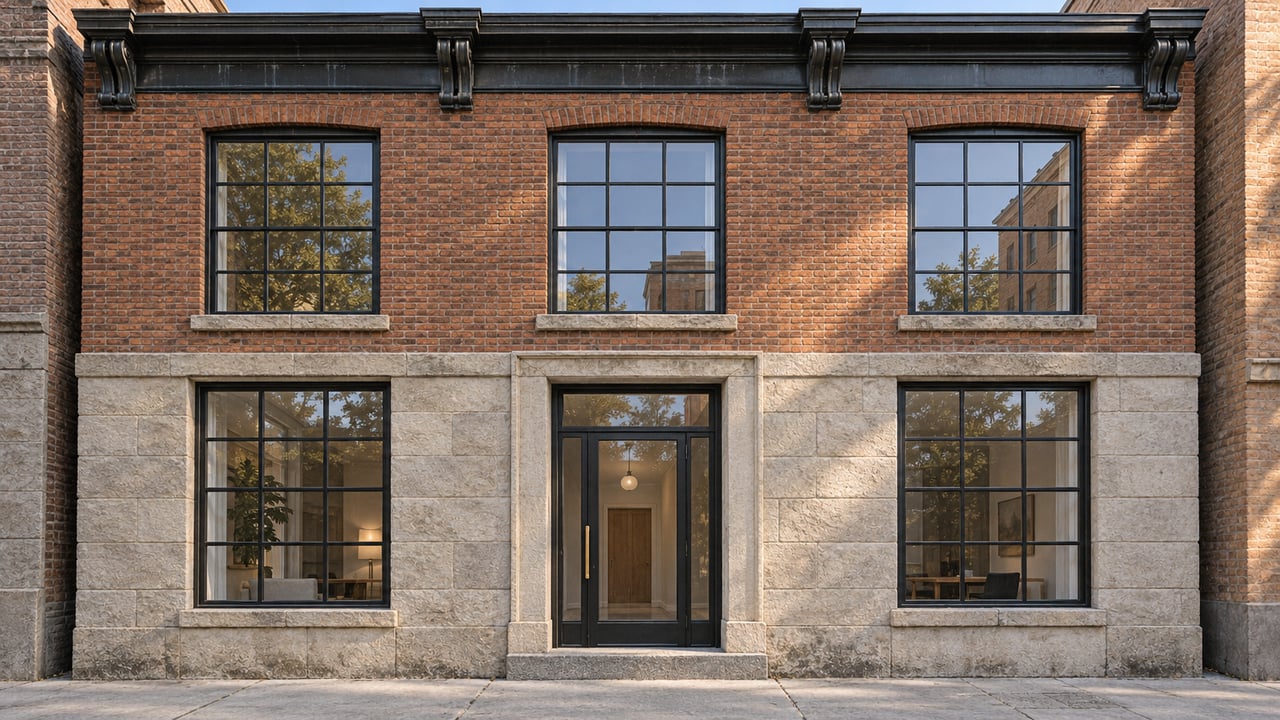 Warm morning light on a brick loft facade with industrial windows, a limestone entrance surround, and a closed glazed residential door.