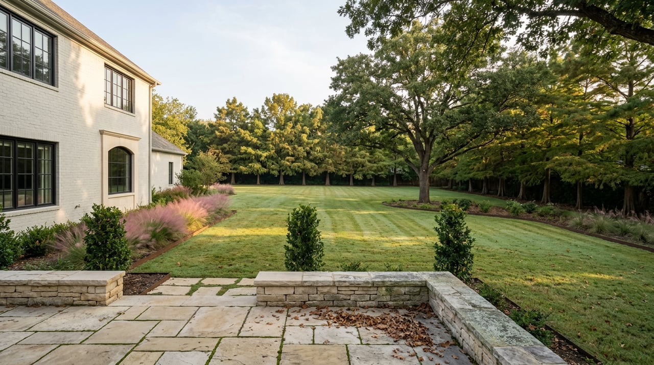 Deep lawn bordered by pink muhly grass and a tree line, viewed from a limestone terrace beside a brick home.
