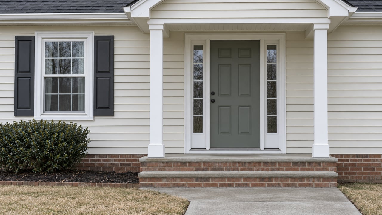 Traditional ivory-sided home with a gray-green front door, paired sidelights, shuttered window and weathered brick stoop in soft winter daylight.