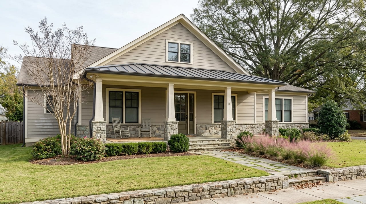 Suburban home with a broad stone-accented porch, gabled roof, rocking chairs, and a flagstone path across a deep lawn.