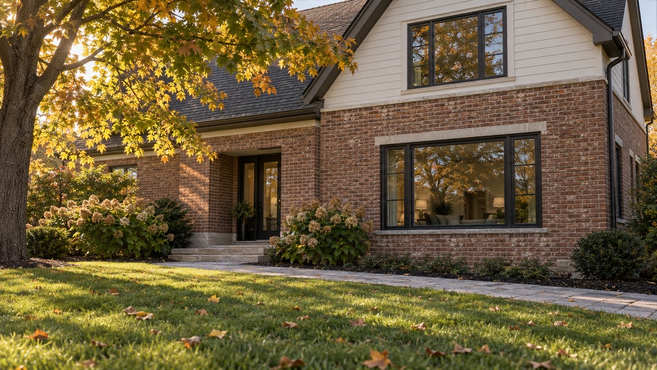 Two-story brick-and-siding house with a large picture window, deep lawn, and ochre-leaved maple canopy.