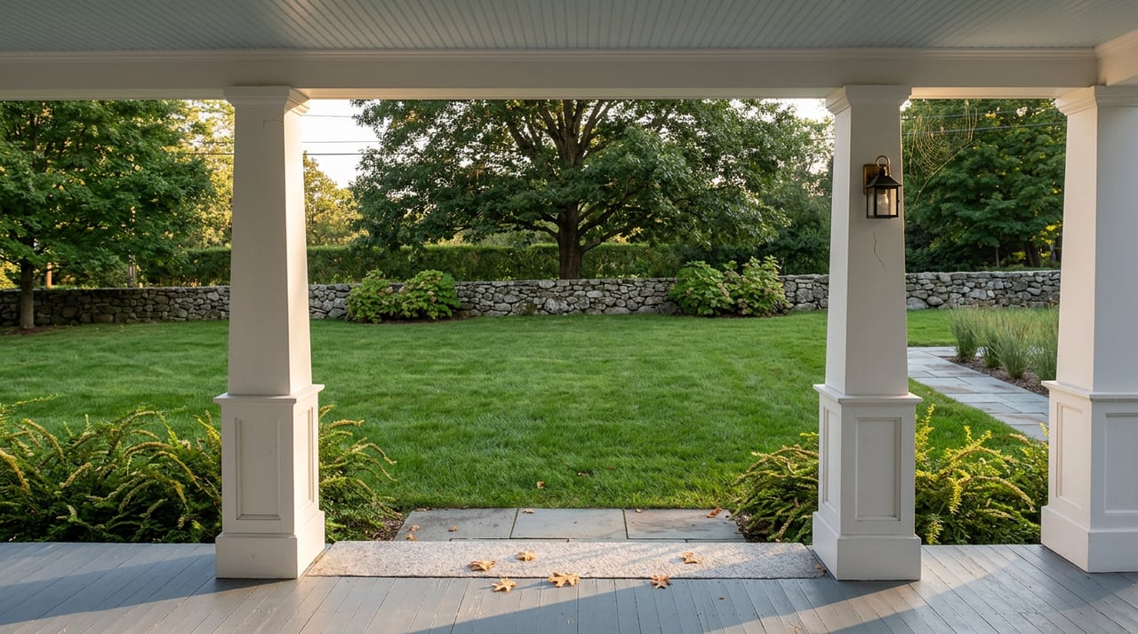 White porch columns frame a slate-gray floor, bluestone lawn path, fieldstone wall, and mature oak.