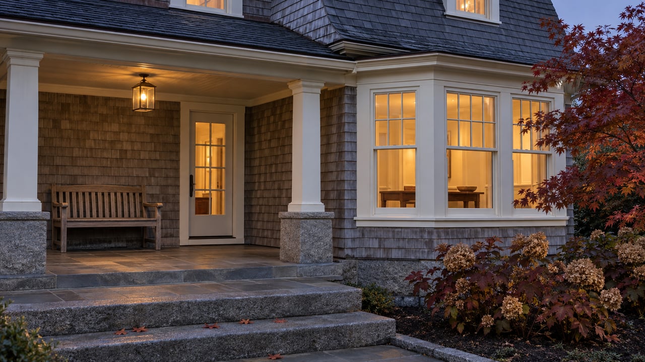 Silvered cedar shingles, warm enclosed bay windows and a granite porch approach beside copper-red autumn foliage at twilight.