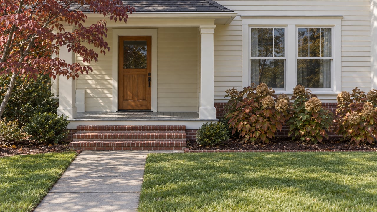 An ivory clapboard home's brick porch steps and wood entry door seen across an autumn lawn, with burgundy dogwood leaves and oakleaf hydrangeas.