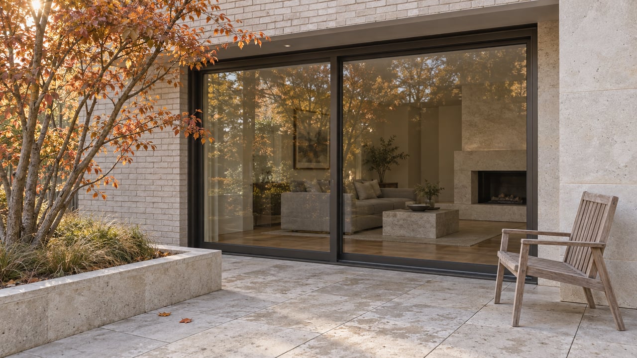 Pale masonry condominium terrace with bronze-framed glass doors, a teak chair, and copper-colored serviceberry foliage.
