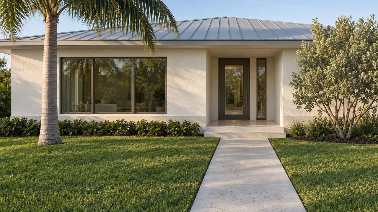 Single-story warm-white stucco home with a pale metal roof, deep front lawn, concrete approach and shaded glass entrance.