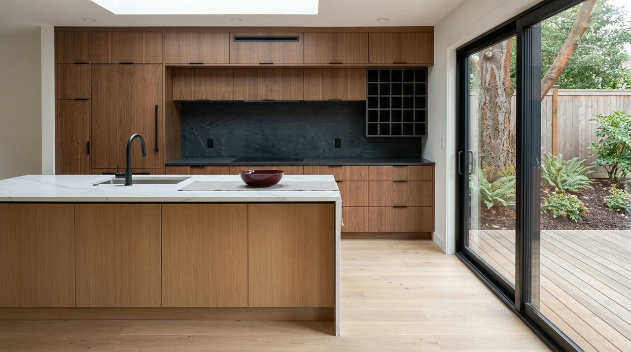Kitchen island, oak and walnut cabinetry, quartz counters, black-framed slider, evergreens, and cedar deck.