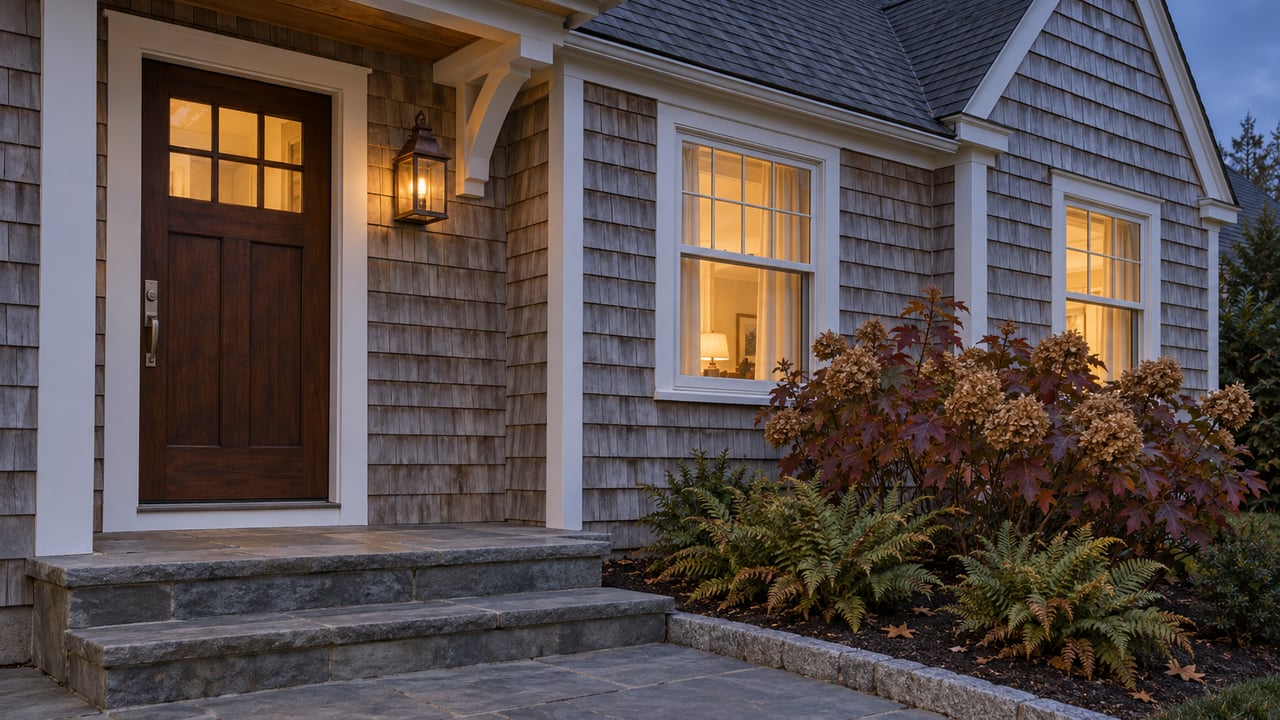 Weathered cedar home entry at dusk with warm light behind closed windows, bluestone steps, and autumn oakleaf hydrangea.