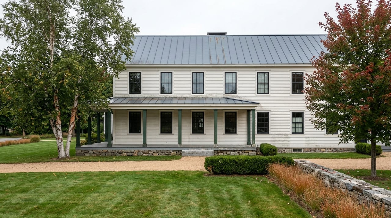 Two-story white clapboard village building with a green porch, granite wall, birch, and red maple.