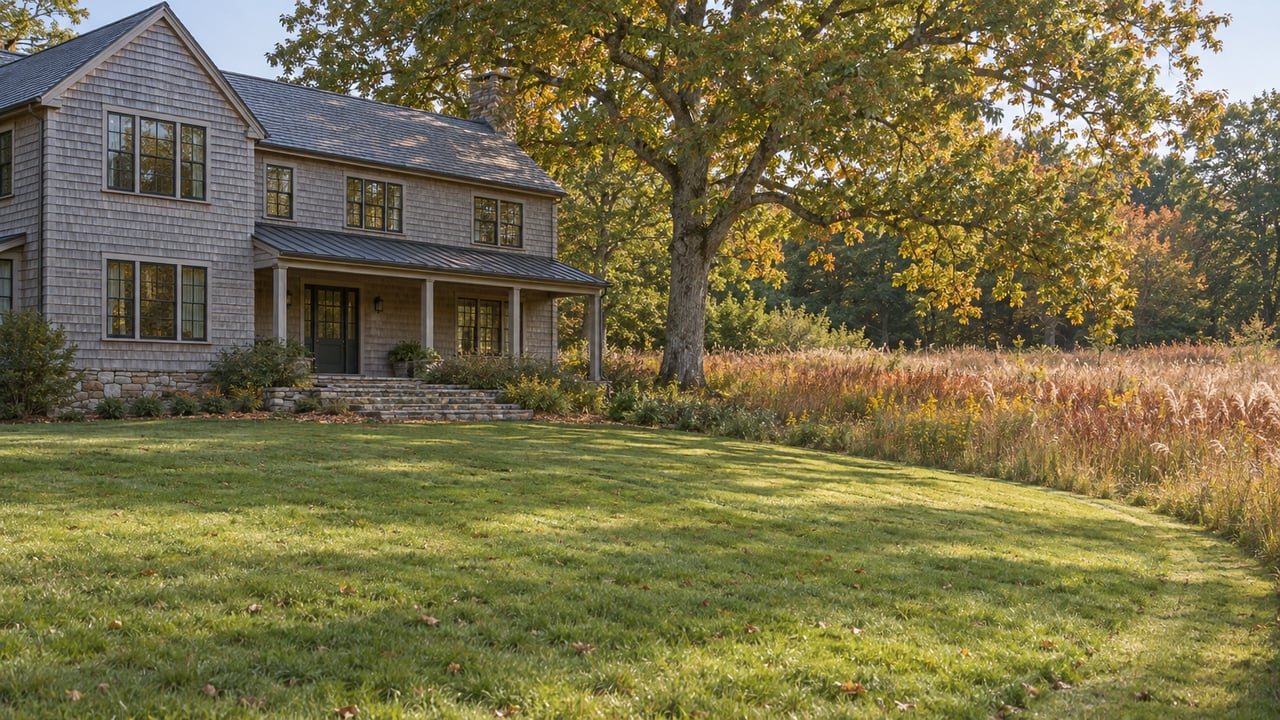 Shingled house beside a standing-grass meadow, with a broad oak shading the sloping lawn.