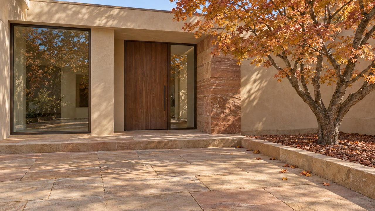 Autumn maple beside a sandstone entry court, warm plaster walls, and a recessed walnut door with bronze-framed glazing.