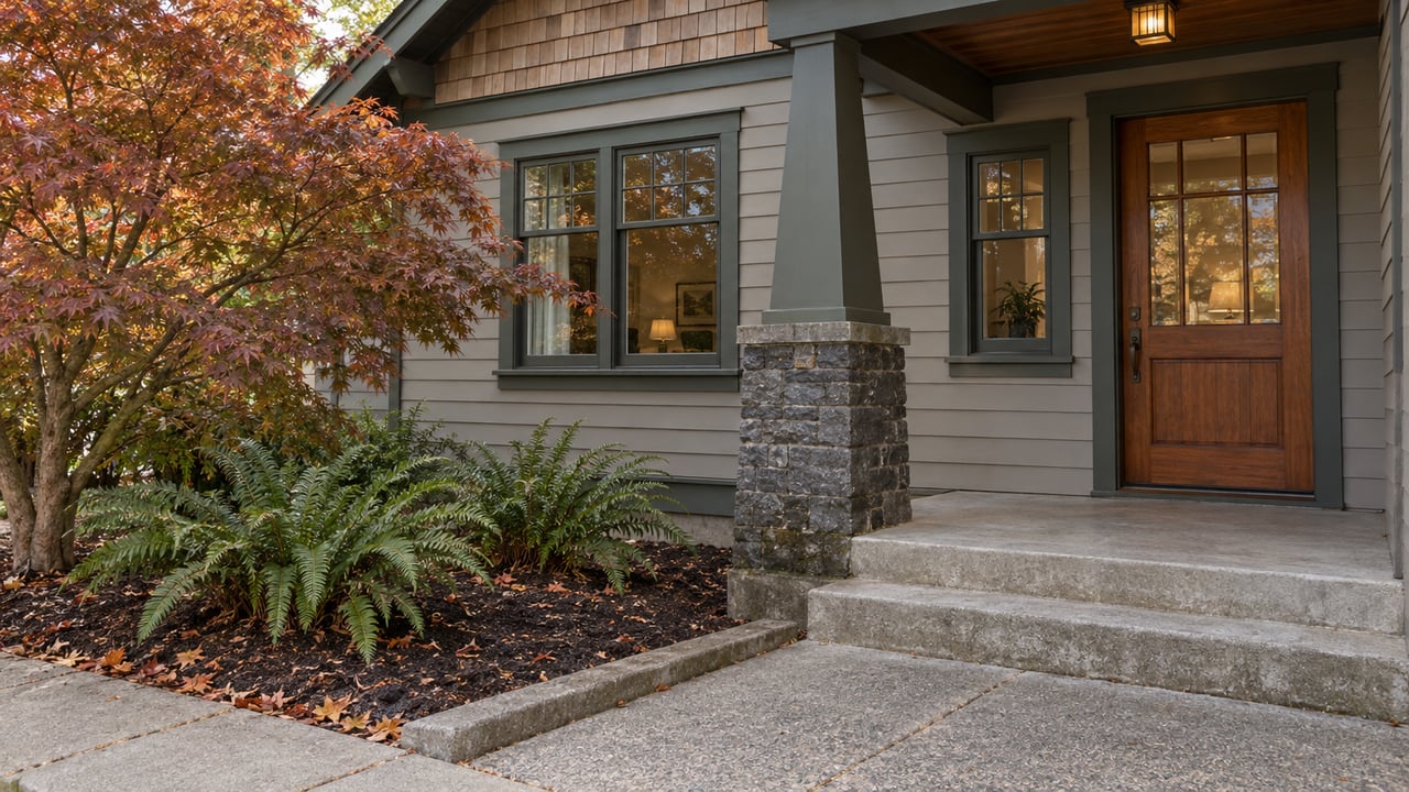 Older gray-sided home with a green-trimmed porch, two entry steps, and a russet Japanese maple.