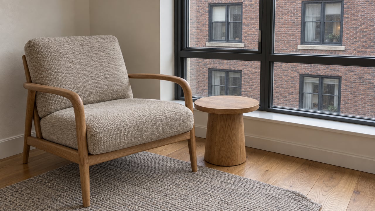 An oatmeal wool chair and oak side table beside a sealed condo window overlooking a nearby brick residential facade.