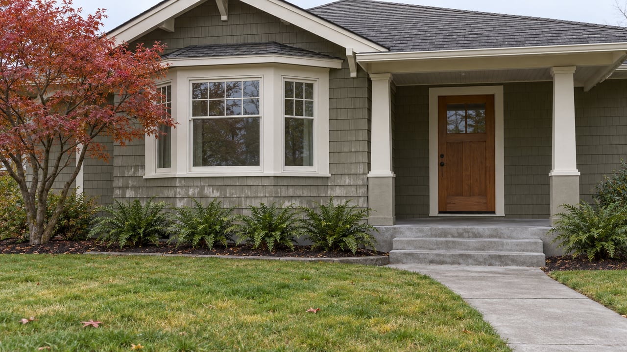 An olive-gray shingled home with a sheltered oak entry, a copper-leaved Japanese maple, and a concrete walk across an autumn lawn.