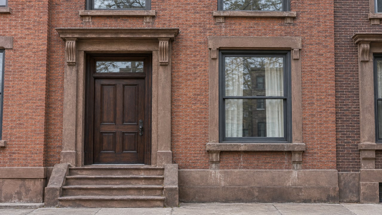 Attached brick townhouse facade with a recessed walnut door, sandstone stoop, and tall sash window.