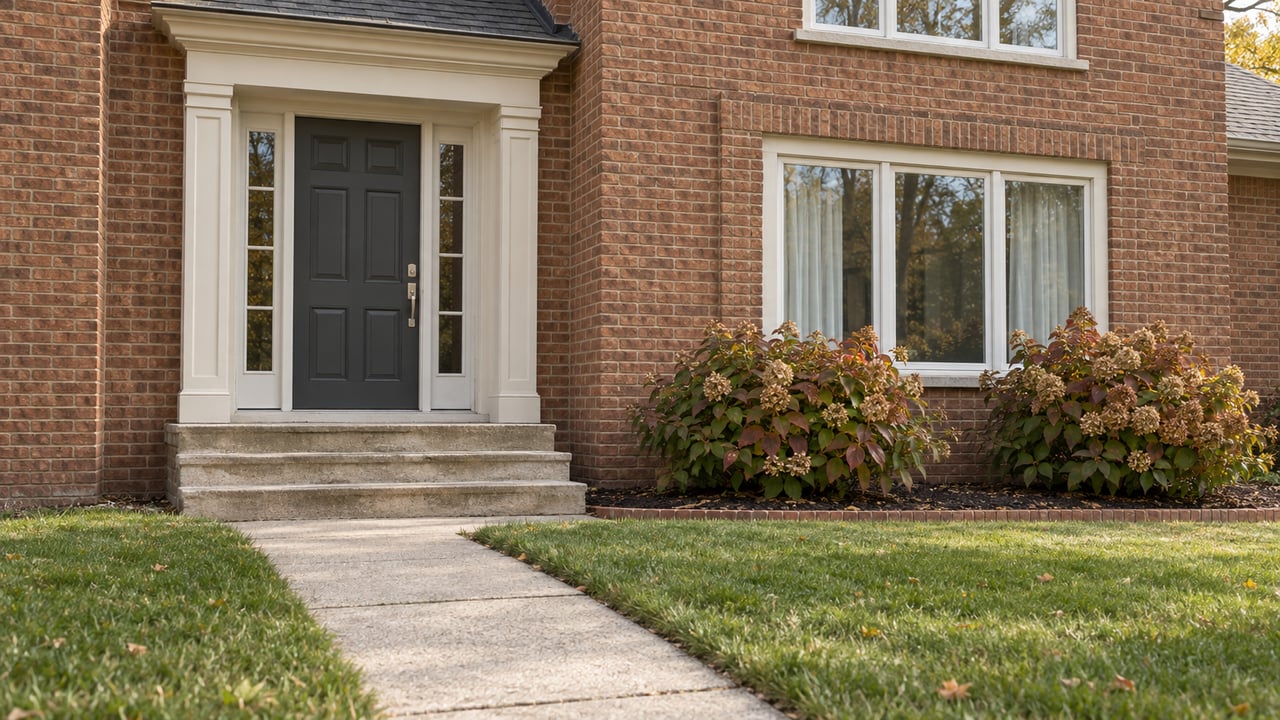Brick home entry with limestone steps, white window trim, a concrete approach and autumn oakleaf hydrangeas.