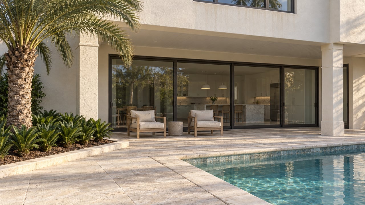 Covered limestone terrace beside a blue-green pool, with ivory stucco walls, bronze-framed glass doors, teak loungers, and a specimen palm.