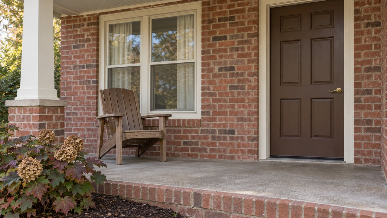 A brick home's covered porch with a brown wood door, cream-trimmed window, oak chair and autumn oakleaf hydrangea.