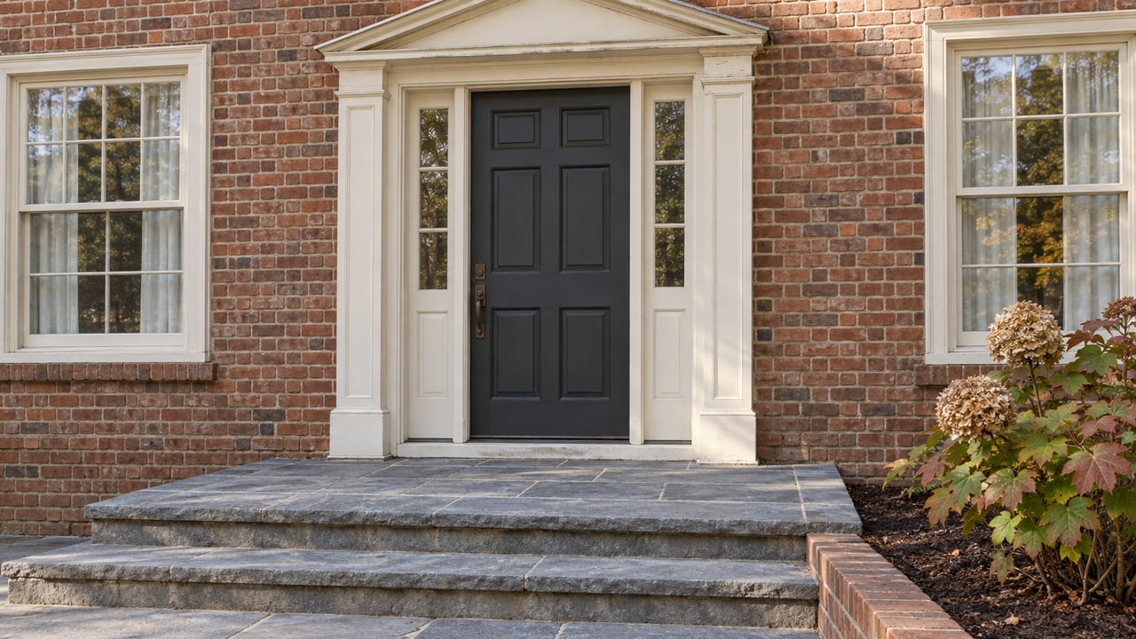 Traditional brick home entry with an ivory pediment, charcoal door, paired sidelights and weathered bluestone steps beside oakleaf hydrangea.