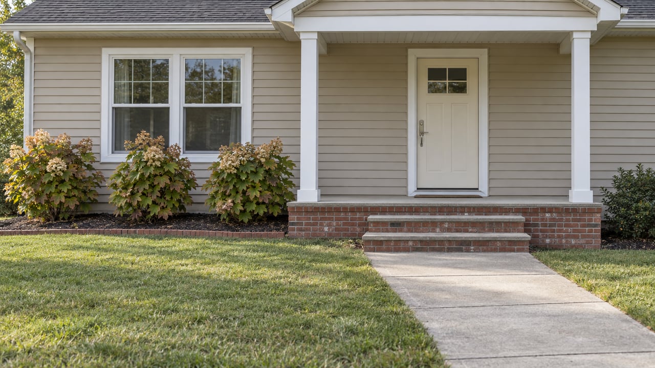 Beige single-story home with white trim, a covered brick entry, weathered concrete walk and oakleaf hydrangeas beside a broad lawn.