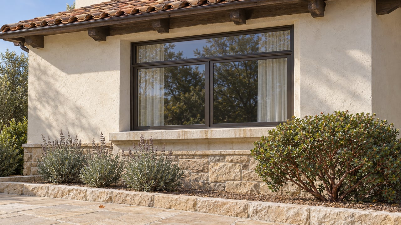 Terracotta roof and textured ivory stucco above a bronze-framed window, limestone sill and stone-edged planting bed.