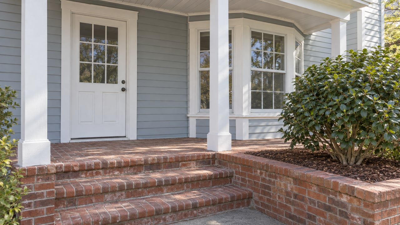 Blue-gray clapboard home with white bay windows, a covered entry, worn brick steps and a camellia in a raised brick planter.