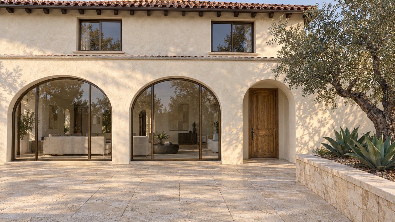 Cream stucco home with clay roof tiles, glazed arches and a limestone garden terrace beside an olive tree and agaves.