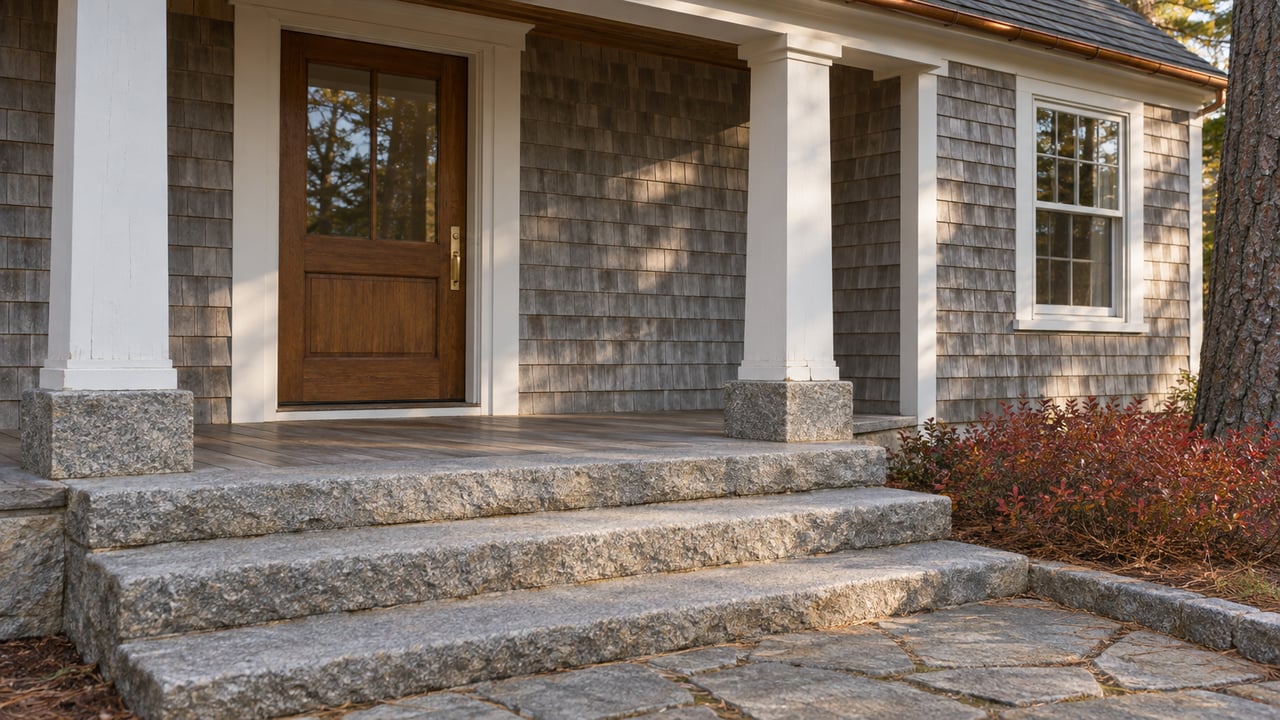 Weathered cedar-shingle house entry with granite steps, white porch posts, and burgundy autumn groundcover beside a pine trunk.
