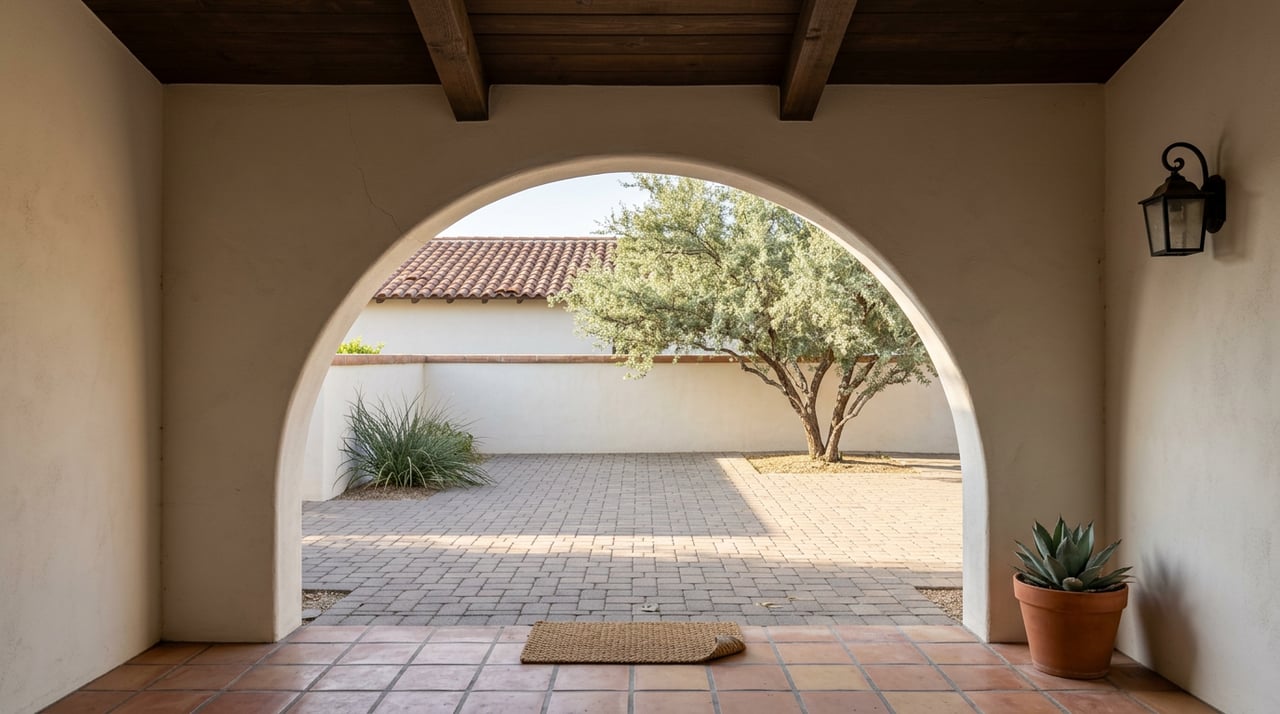 Stucco arch frames a sunlit paver courtyard, with a desert tree and clay-tile roof beyond.