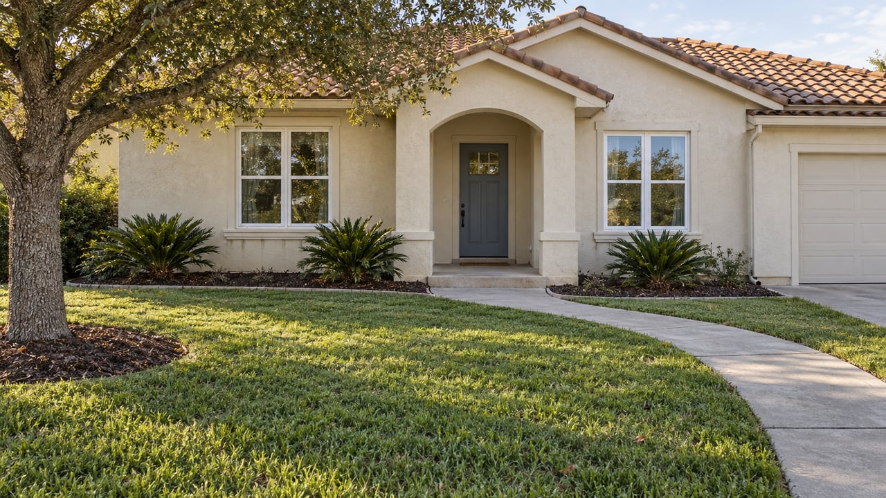 Ivory stucco home with an arched porch, terracotta-colored roof, curved concrete walk and broad front lawn beneath a spreading live oak.
