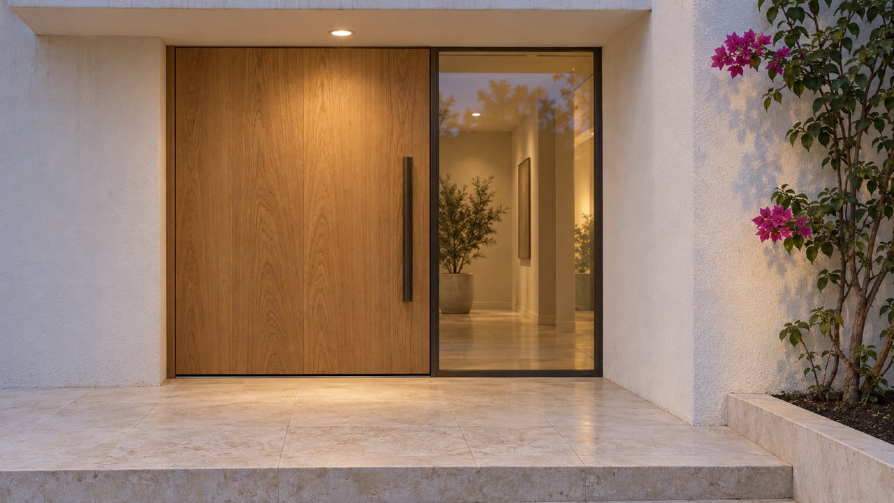 Warmly illuminated oak entry door beside bronze-framed glass, white stucco, pale limestone steps and flowering bougainvillea at dusk.
