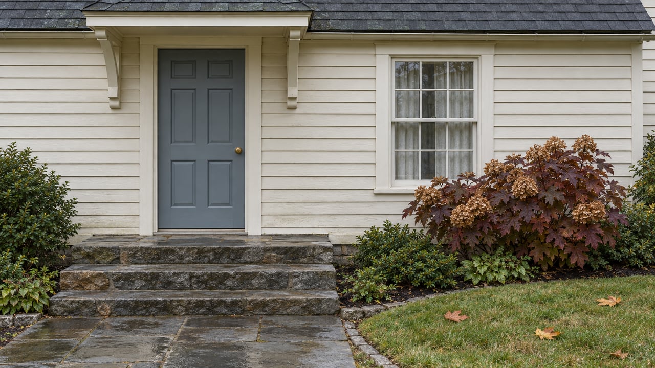 Cream clapboard home with a blue-gray front door, worn stone steps, damp bluestone walk and burgundy oakleaf hydrangea.