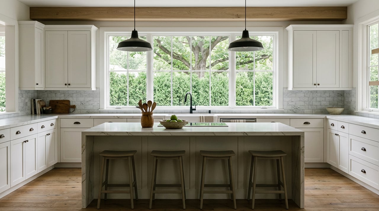 Quartz waterfall island with wooden utensil crock and green apples, backed by white cabinetry and a window framing an oak tree.