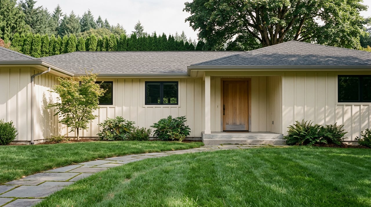 Ivory board-and-batten home with a natural wood door, flagstone path, manicured lawn, and wooded backdrop.