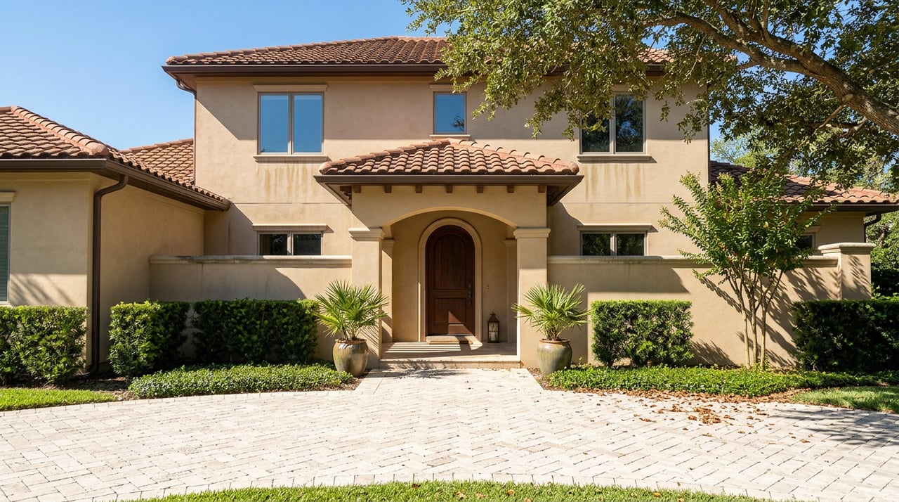 Two-story stucco home with a recessed arched entry, terracotta roof, oak canopy, and herringbone paving.