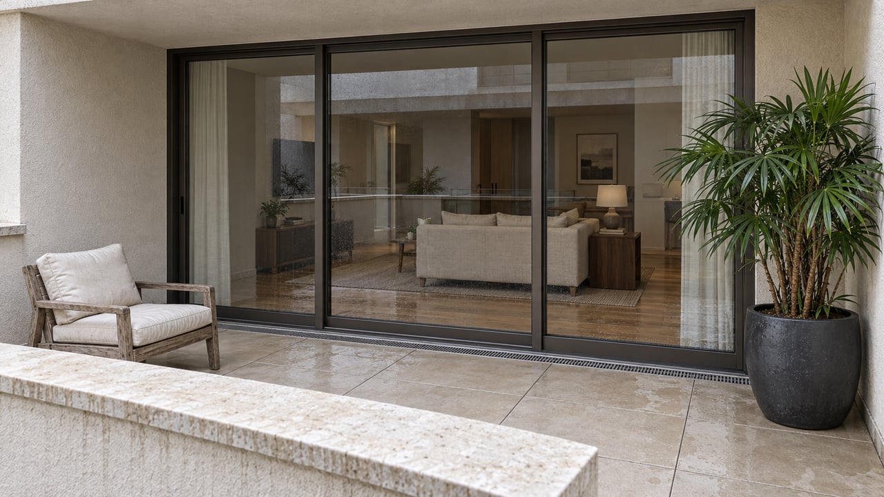 Recessed condominium terrace with pale stucco, teak seating, a potted lady palm and closed bronze-framed glass doors.
