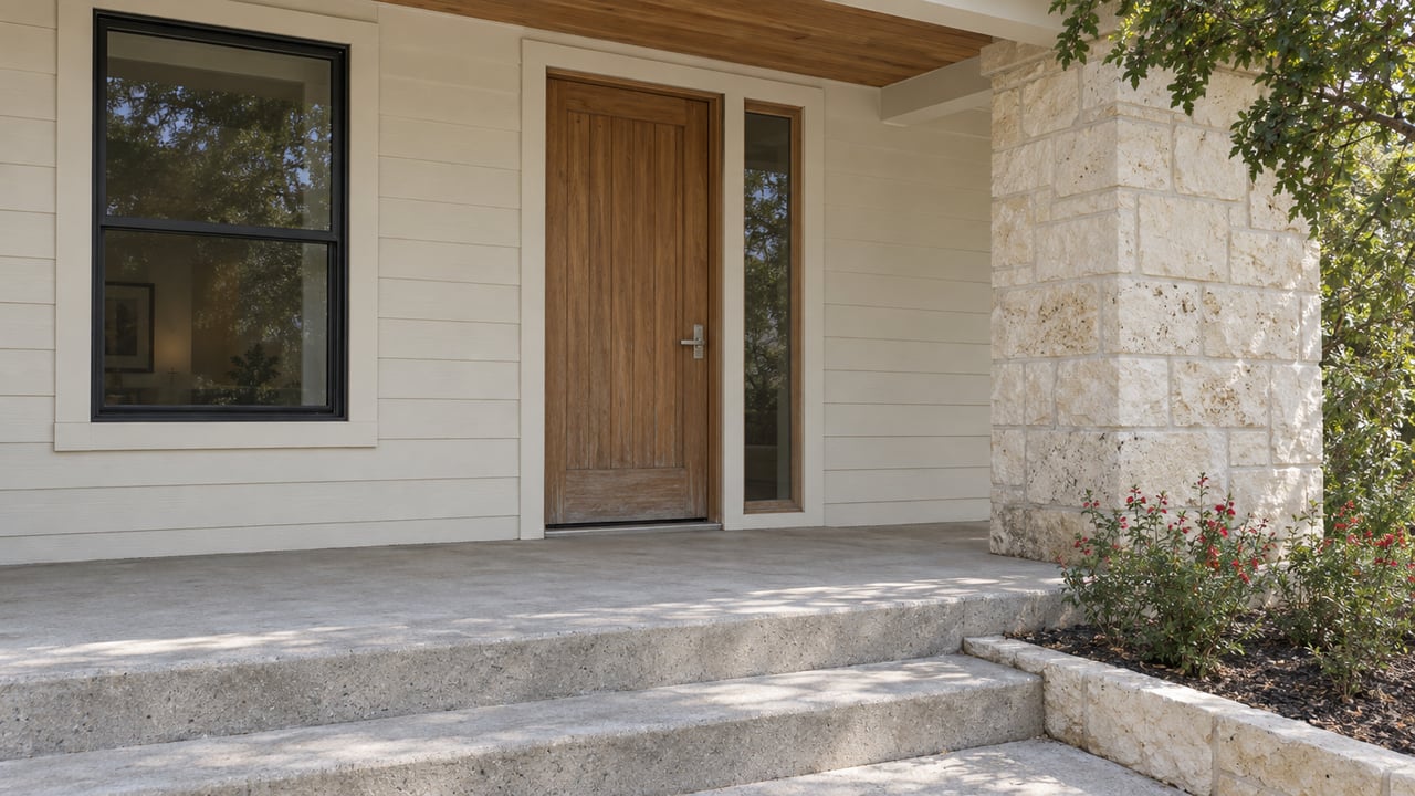 Close view of a bungalow porch with a cedar front door, cream limestone pier, painted siding and concrete steps beside red-flowering sage.
