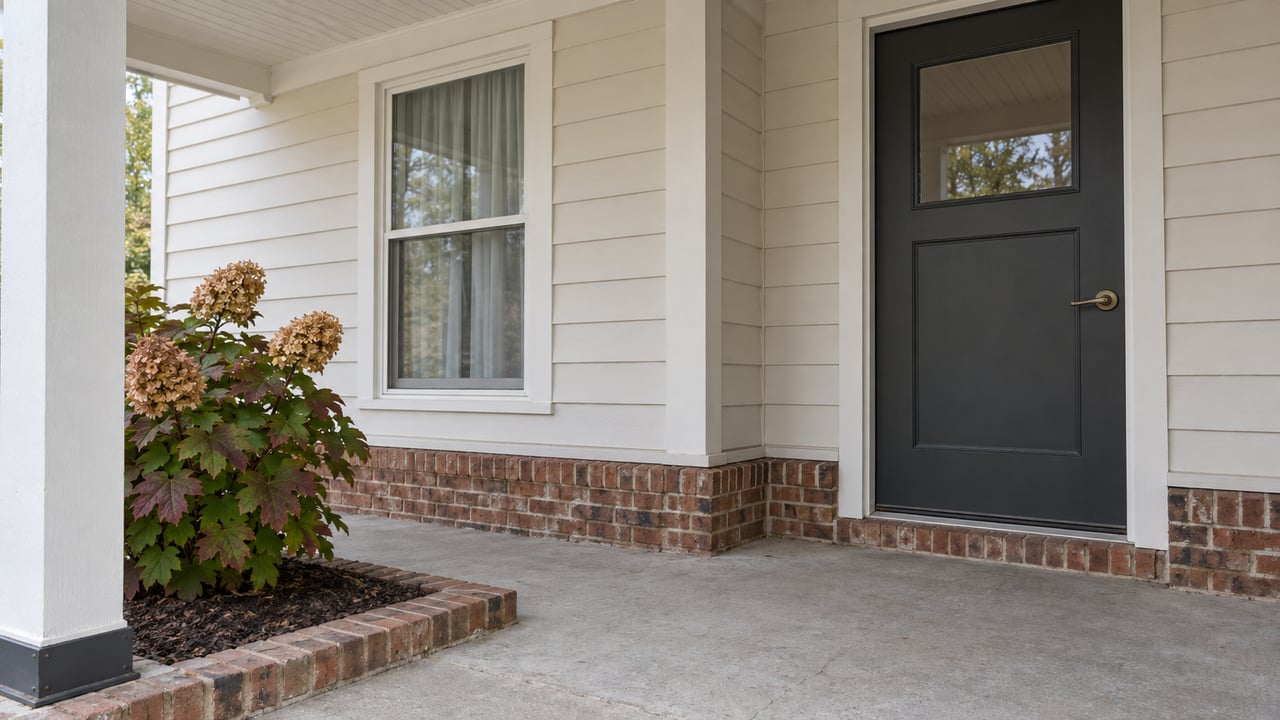 A covered front porch with off-white siding, a charcoal door, red-brown brick steps and an oakleaf hydrangea in autumn color.